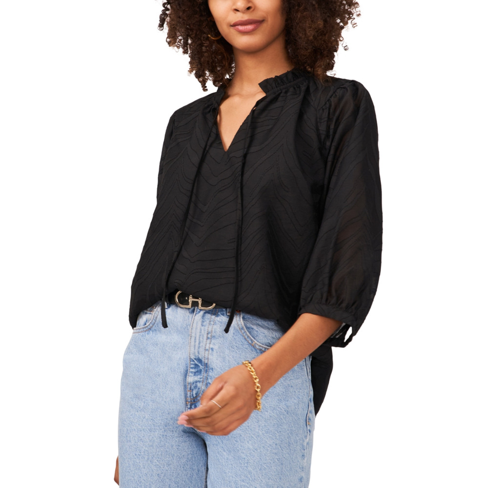Vince Camuto Women Textured Ruffled Tie Blouse Black Size XS